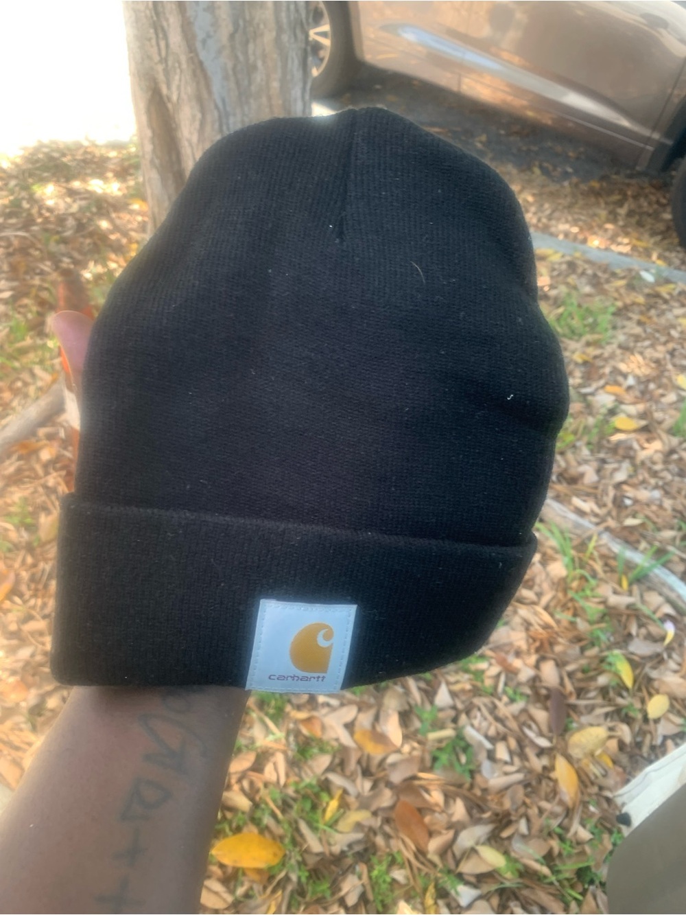 Carhartt Black Knit Cuffed Beanie with Yellow Logo Patch - Picture 2 of 5